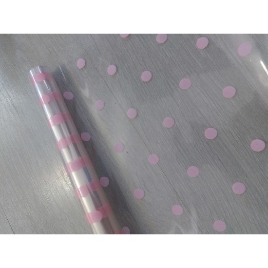 Пленка прозрачная с рисунком "Горох" (розовый) 70см, 200гр, цена за рулон